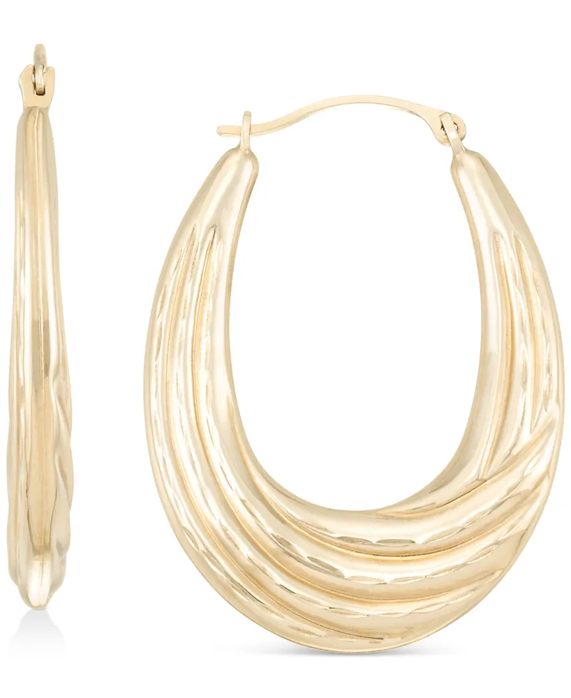 Textured Graduated Oval Hoop Earrings in 14k Gold, 3/4"