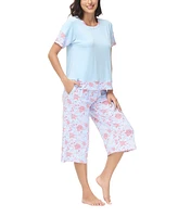 Ink+Ivy Women's Solid Short Sleeve T-shirt with Printed Capri 2 Piece Pajama Set