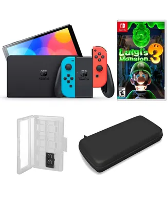 Nintendo Switch Oled in Neon with Luigi's Mansion 3 & Accessories
