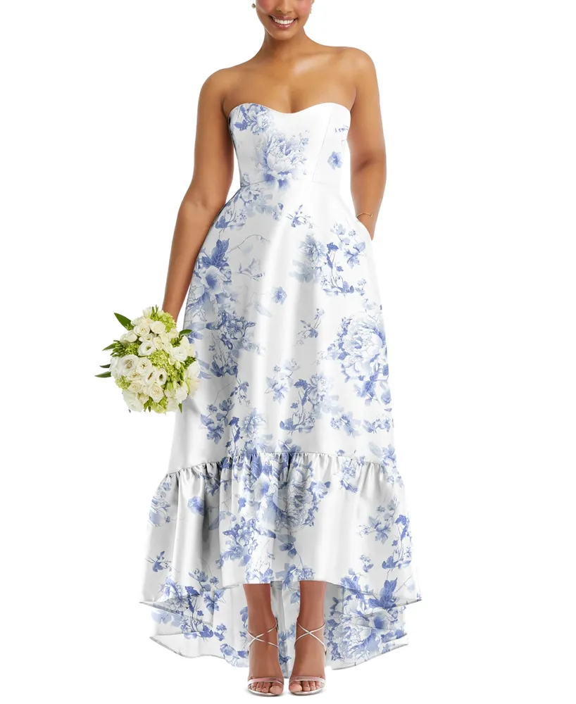 Alfred Sung Plus Strapless Floral High-Low Ruffle Hem Maxi Dress with Pockets