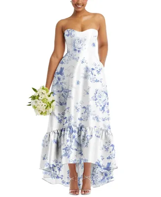 Alfred Sung Women's Strapless Floral High-Low Ruffle Hem Maxi Dress with Pockets