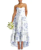 Alfred Sung Plus Strapless Floral High-Low Ruffle Hem Maxi Dress with Pockets