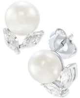 Arabella Cultured Freshwater Pearl (8mm) & Cubic Zirconia Stud Earrings in Sterling Silver