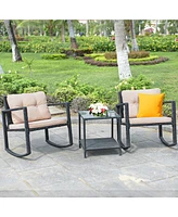 3PC Patio Rattan Conversation Set Rocking Chair Cushioned