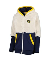 Women's G-iii 4Her by Carl Banks Oatmeal, Navy Milwaukee Brewers Shuffle It Raglan Full-Zip Hoodie