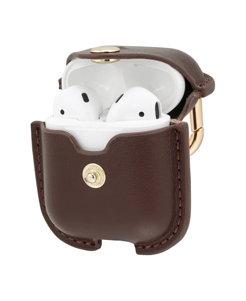 WITHit Brown Leather Apple AirPods Case with Gold-Tone Snap Closure and Carabiner Clip - Brown