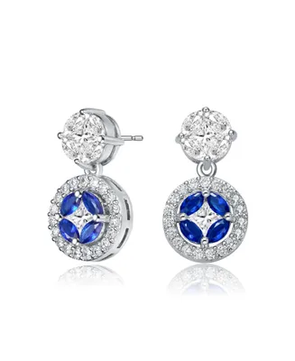 Genevive Sterling Silver White Gold Plated Blue Marquise with Clear Princess and Round Cubic Zirconia Accent Drop Earrings