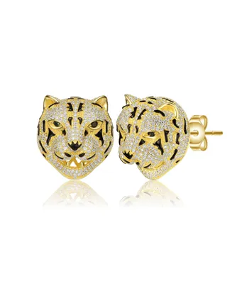 Genevive 14k Yellow Gold Plated with Cubic Zirconia Leopard Head Stud Earrings in Sterling Silver