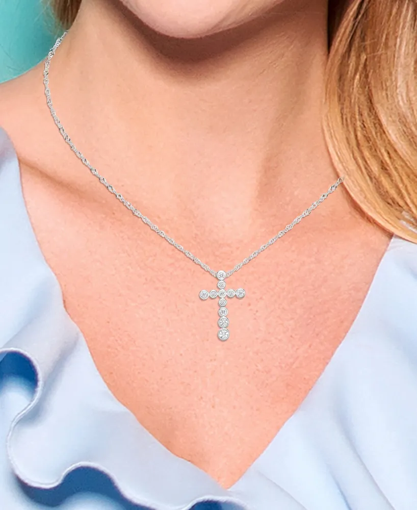 Sterling Silver 1-1/3 (ct. t. w.) White Cubic Zirconia Bezel Set Cross Pendant Necklace