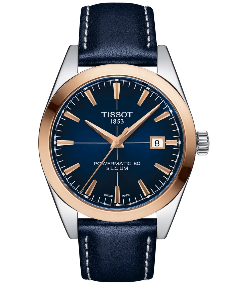 Tissot Men's Swiss Automatic Gentleman Powermatic 80 Silicium Blue Leather Strap Watch 40mm