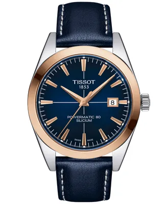 Tissot Men's Swiss Automatic Gentleman Powermatic 80 Silicium Blue Leather Strap Watch 40mm