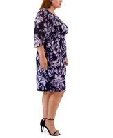 Connected Plus Floral-Print 3/4-Sleeve Faux-Wrap Dress