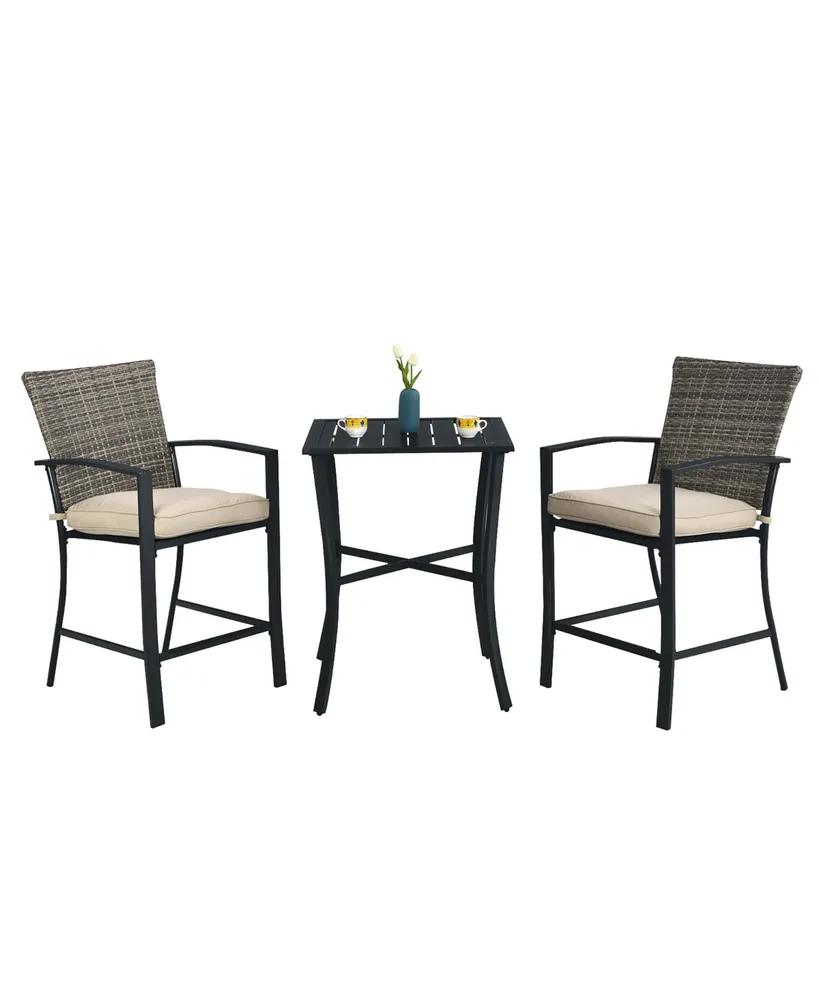 Costway Patio Rattan Bar Furniture Set Slat Table 2 Cushioned Stools Poolside