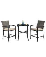 Costway Patio Rattan Bar Furniture Set Slat Table 2 Cushioned Stools Poolside