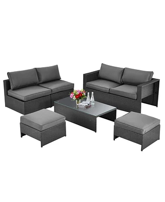 6PCS Patio Rattan Furniture Set Space Saving Cushioned Fully Assembled