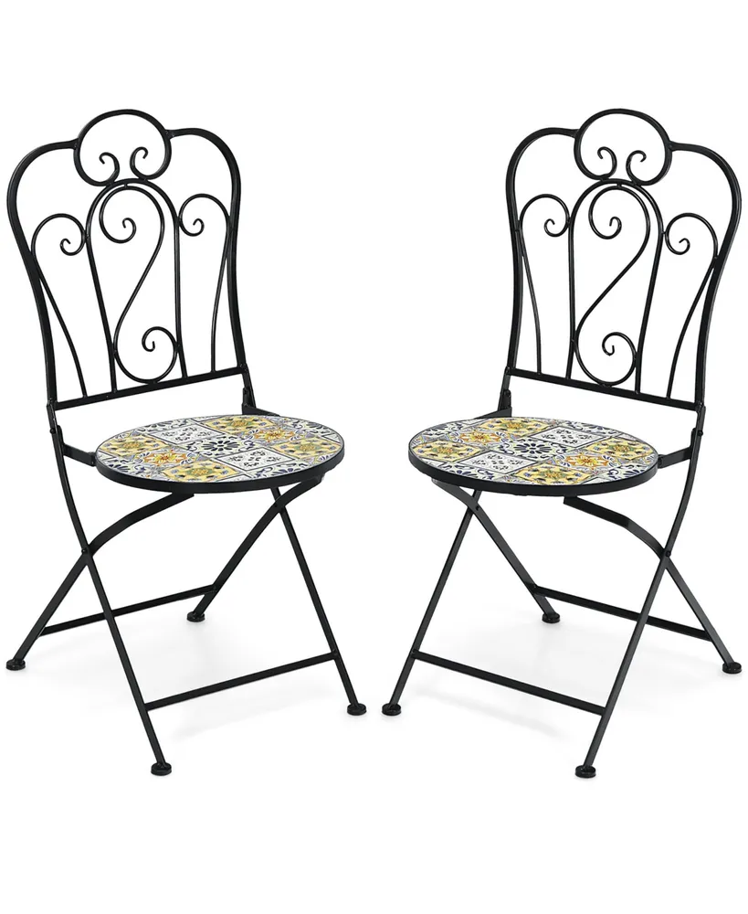 Costway 2PCS Patio Folding Mosaic Bistro Chairs Flower Pattern Seat Garden Deck