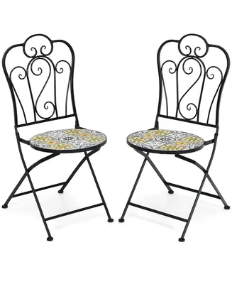 2PCS Patio Folding Mosaic Bistro Chairs Flower Pattern Seat Garden Deck