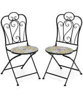 Costway 2PCS Patio Folding Mosaic Bistro Chairs Flower Pattern Seat Garden Deck