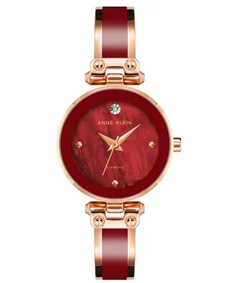 Anne Klein Women's Three Hand Quartz Rose Gold-tone Alloy and Burgundy Enamel Bangle Watch, 28mm - Rose Gold