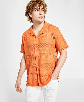 Guess Men's Short-Sleeve Geometric Crochet-Knit Shirt