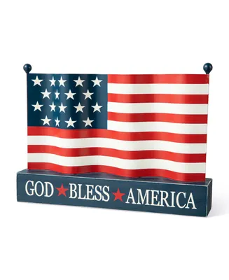 Glitzhome 14" L Metal Patriotic, Americana Flag with Wooden Base Table Decor