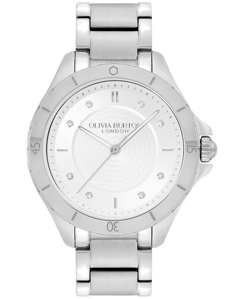 Olivia Burton Women's Sports Luxe Guilloche Silver-Tone Stainless Steel Watch 36mm