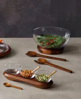 Nambe Cooper Wood Triple Condiment Server with Spoons