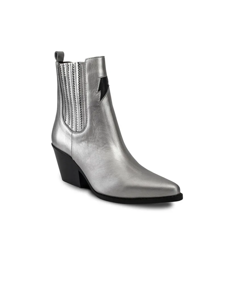 Bala Di Gala Women's Metallic Silver Premium Leather Ankle Boots Lightning Bolt & Star Lyra By