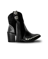 Bala Di Gala Women's Black Premium Leather And Suede Ankle Boots With Lateral Fringe And Silver Studs Tyro By