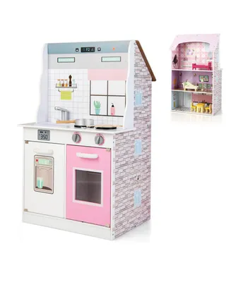 Costway Kids Kitchen Playset & Dollhouse 2-In-1 W/ Accessories & Furniture For Toddlers