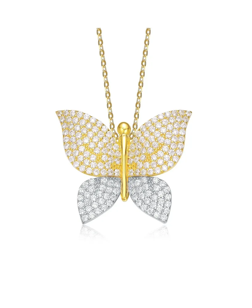 Genevive 14k Yellow Gold and White Gold Plating with Cubic Zirconia Butterfly Pendant Necklace in Sterling Silver