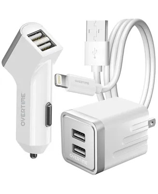 Overtime Apple MFi Certified 3PC iPhone Charging Set for Home, Office, and Car | Includes 4ft Charging Cable - White
