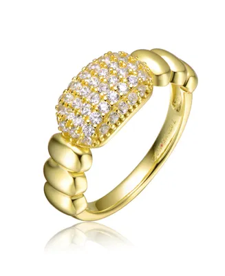 Genevive Sterling Silver 14k Yellow Gold Plated with Cubic Zirconia Pave Scalloped Ring
