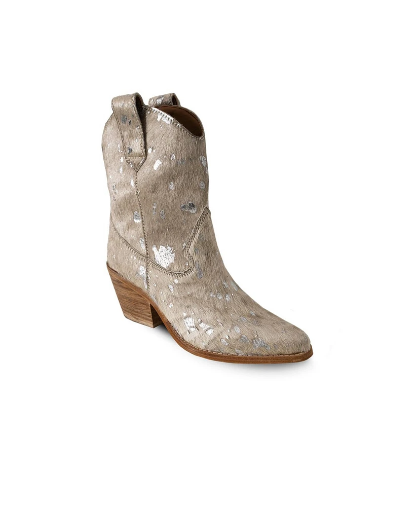 Women's Beige Leather Western Boots With Silver Splashes, Calf By Bala Di Gala