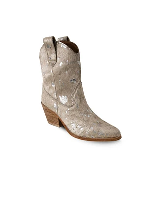 Women's Beige Leather Western Boots With Silver Splashes, Calf By Bala Di Gala