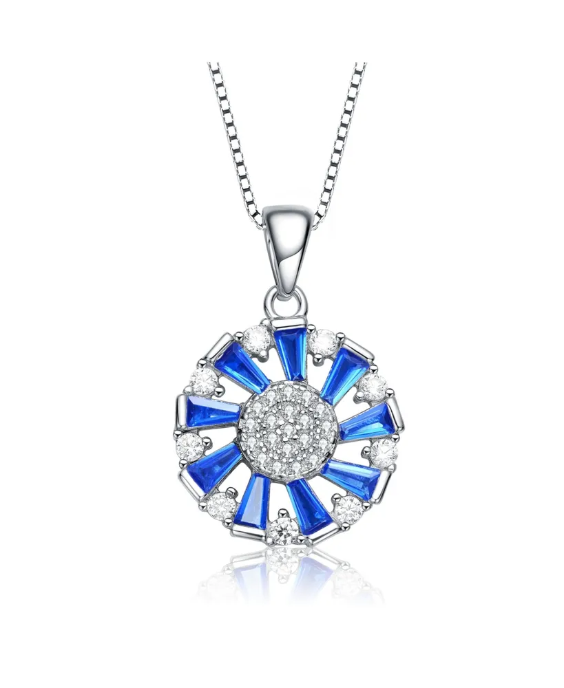 Genevive Sterling Silver Round and Baguette Colored Cubic Zirconia Wreath Pendant Necklace