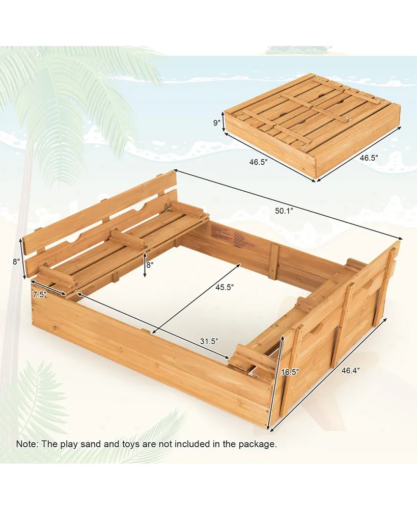 Kids Large Wooden Sandbox w/Cover 2 Convertible Bench Seats for Outdoor Play