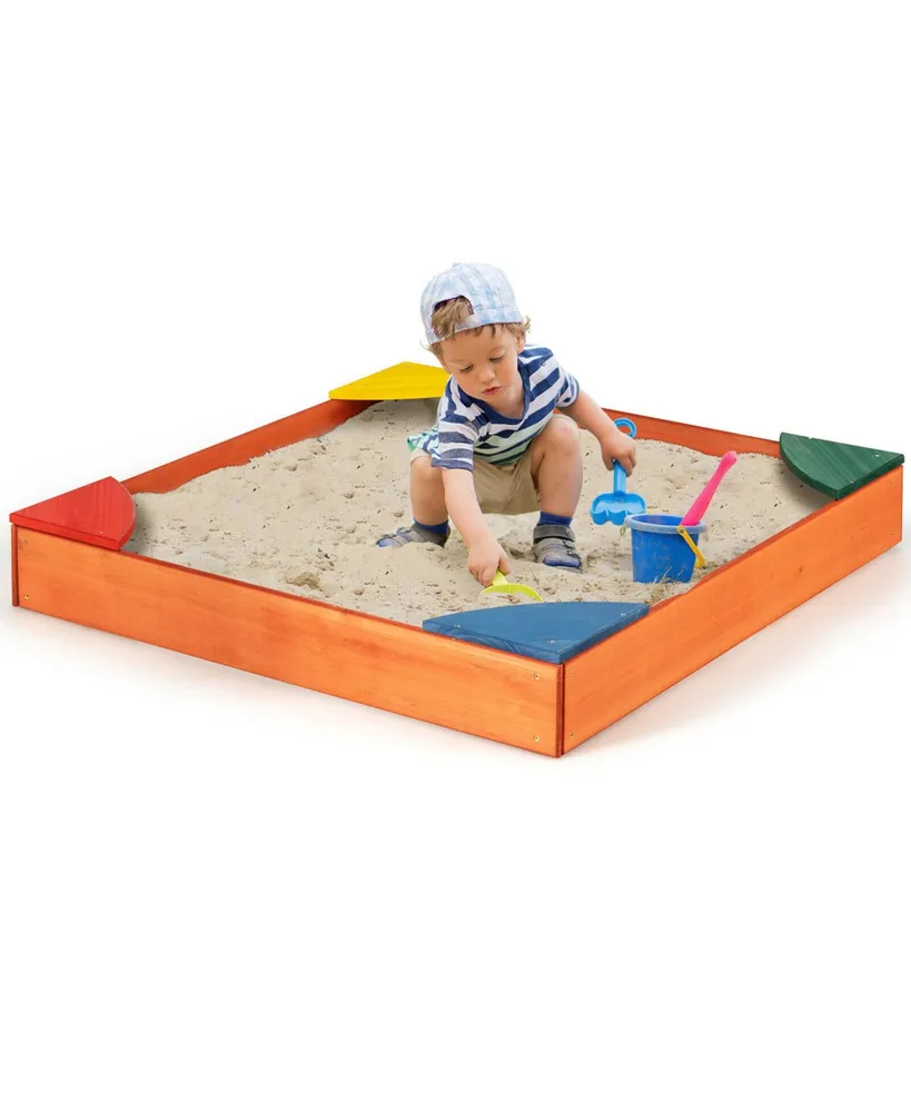 Costway Kids Wooden Backyard Sandbox W/ Built-in Corner Seating Kid's Outdoor Furniture