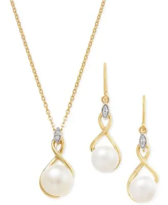 Cultured Freshwater Pearl Cubic Zirconia Jewelry Set In 14k Two Tone Gold Plated Sterling Silver