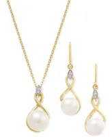 Cultured Freshwater Pearl Cubic Zirconia Jewelry Set In 14k Two Tone Gold Plated Sterling Silver