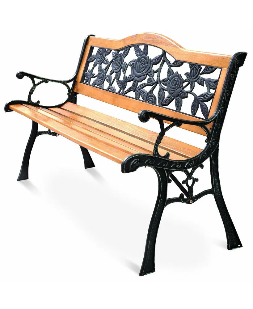 Costway Park Garden Bench Porch Path Chair Furniture Cast Iron Hardwood