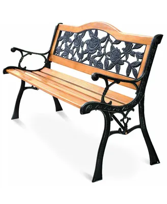 Costway Park Garden Bench Porch Path Chair Furniture Cast Iron Hardwood