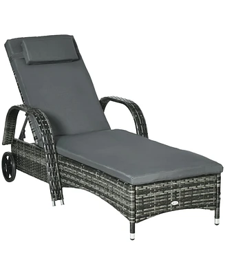 Outsunny Reclining Chaise Lounge Chair, Thickly Cushioned, Headrest, Armrests, Rolling Outdoor Plastic Rattan Sun Bathing Chair with Wheels for Poolsi