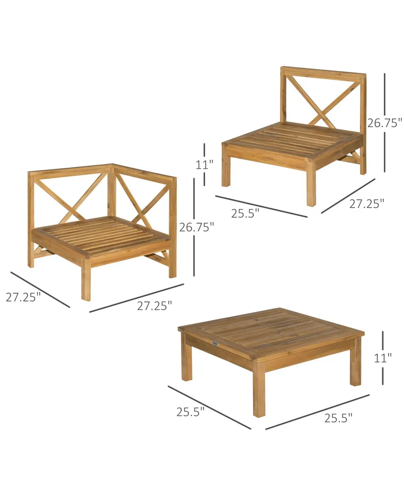Outsunny Patio Conversation Furniture Set, Acacia Wood, 5 Seats, 6 Piece Outdoor Modular Sectional Sofa, Coffee Table, 3 Corner Segments, 2 Chair Segm