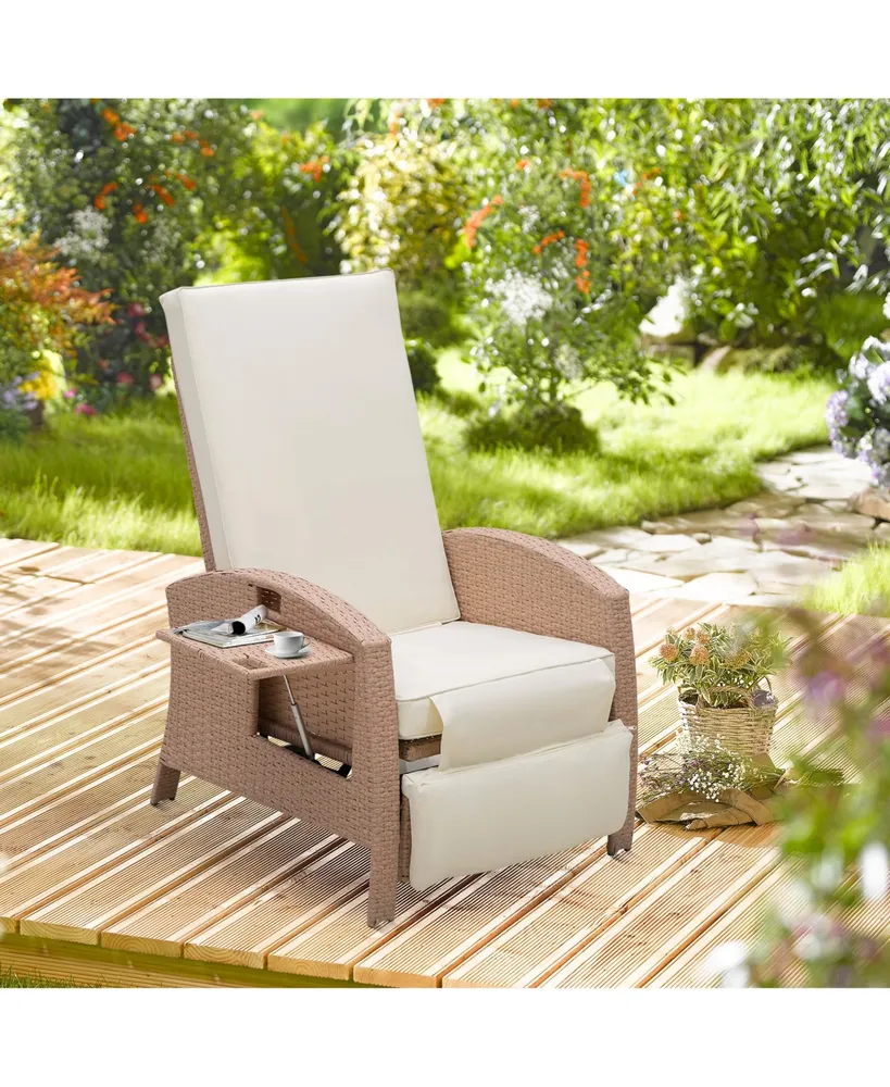 Outsunny Outdoor Wicker Recliner, Rattan Lounge Chair with Adjustable Back, Side Table, Removable Cushion for Patio Backyard Pool Porch, Beige