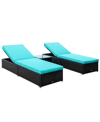 Outsunny 3 Piece Rattan Wicker Chaise Lounge Set, Cushioned Poolside Reclining Lawn Chairs with Tempered Glass Outdoor Side Table, Teal