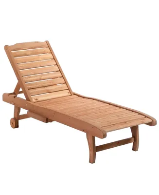 Outsunny Outdoor Sun Lounger, Wooden Chaise Lounge Chair with 3-Position Backrest, Pull-Out Tray & Wheels, for Beach, Poolside and Patio