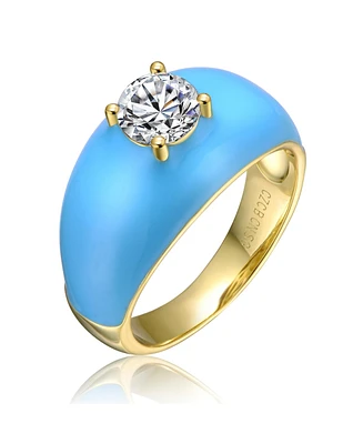 Ra Young Adults/Teens 14k Yellow Gold Plated with Cubic Zirconia Solitaire Blue Enamel Dome Ring