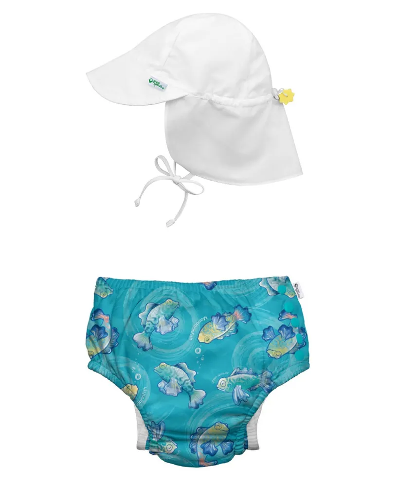 green sprouts Baby Boys or Girls Snap Swim Diaper and Flap Hat Upf 50, 2 Piece Set