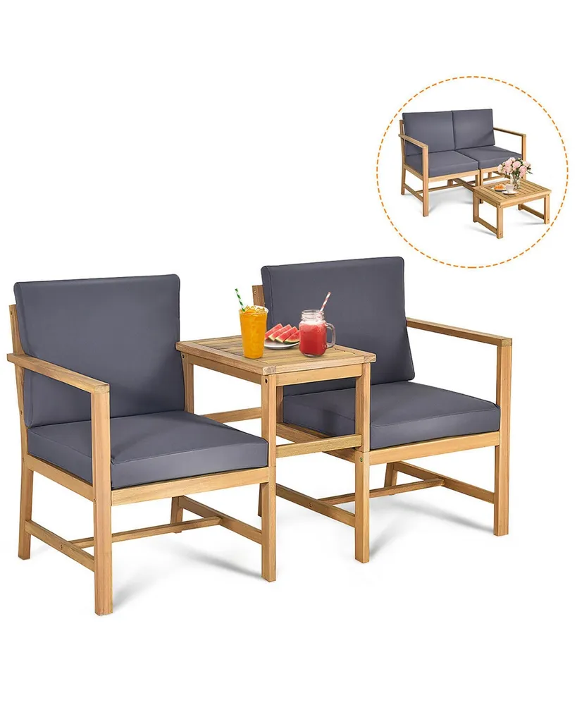 Costway 3 in 1 Patio Table Chairs Set Solid Wood Garden Furniture